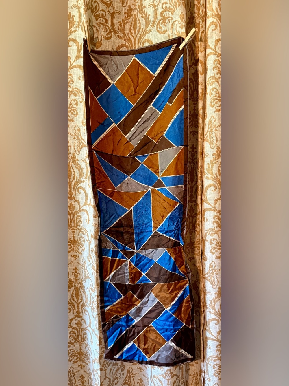 Vintage 1980's Vera Neumann Geometric Blue and Brown Scarf